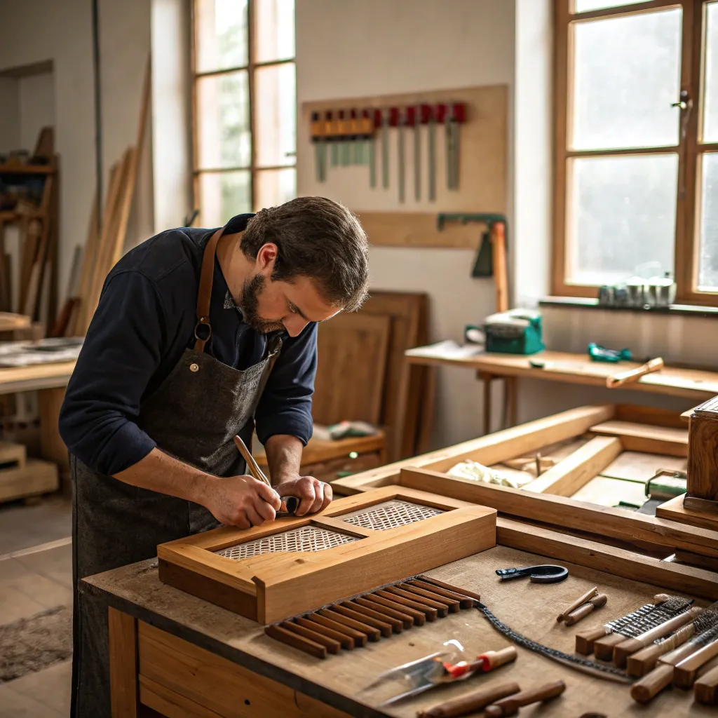 Artisan crafting furniture in a well-organized workshop